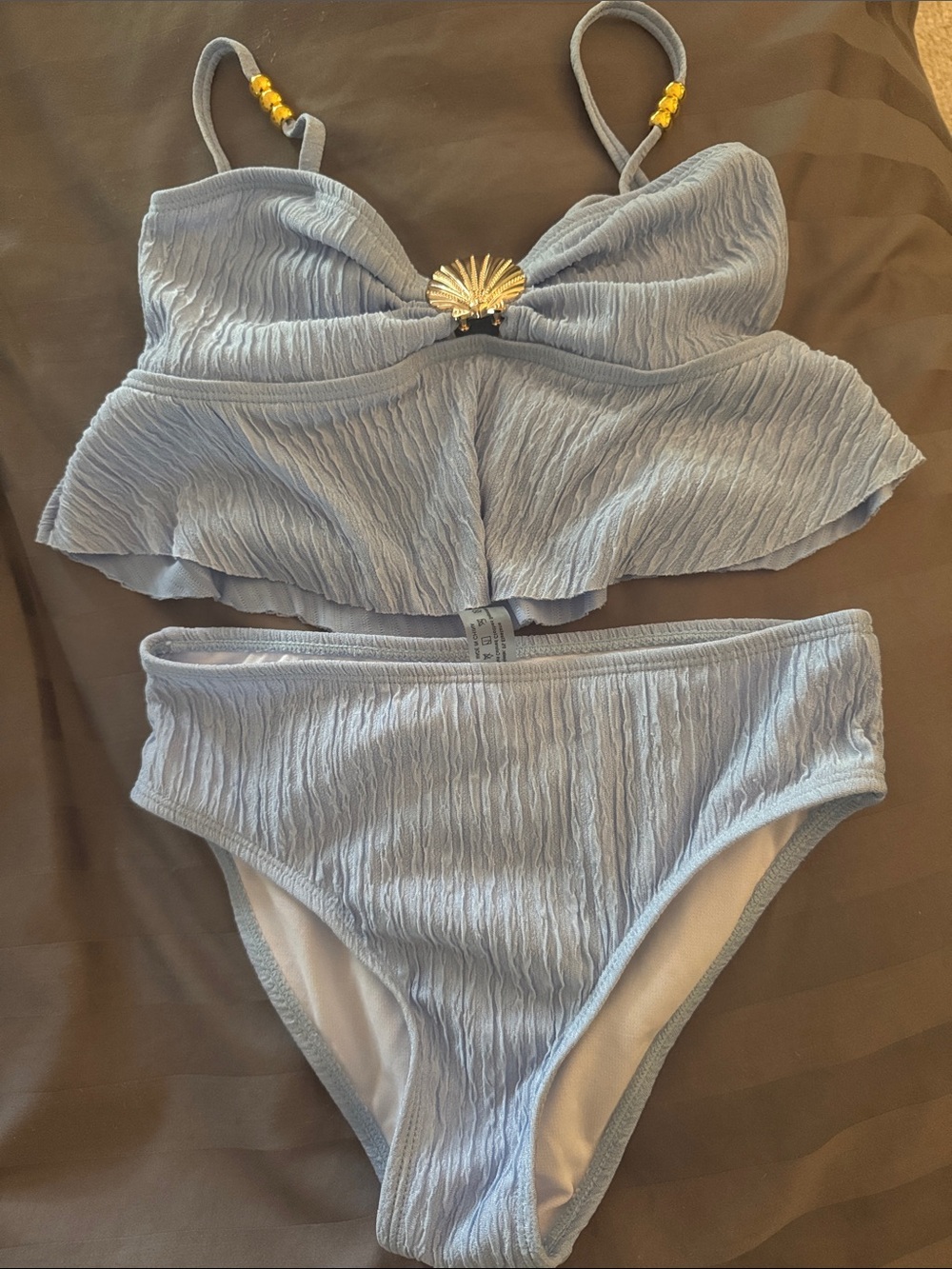 Light Blue Textured Two-Piece Bikini with Shell Accent never worn!! Size 11y